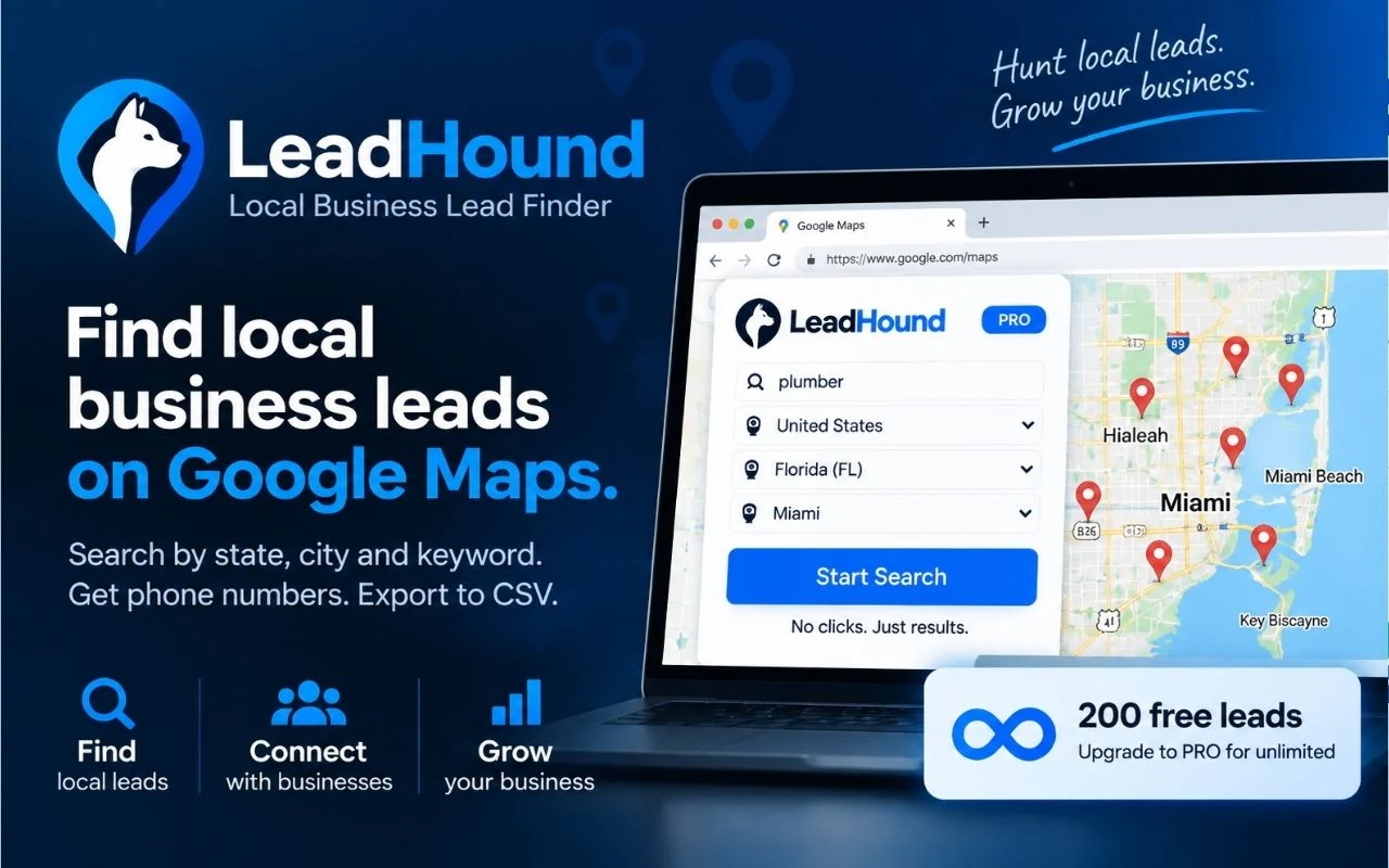 Official LeadHound promotional image from the Chrome Web Store, showing local business search and CSV export.